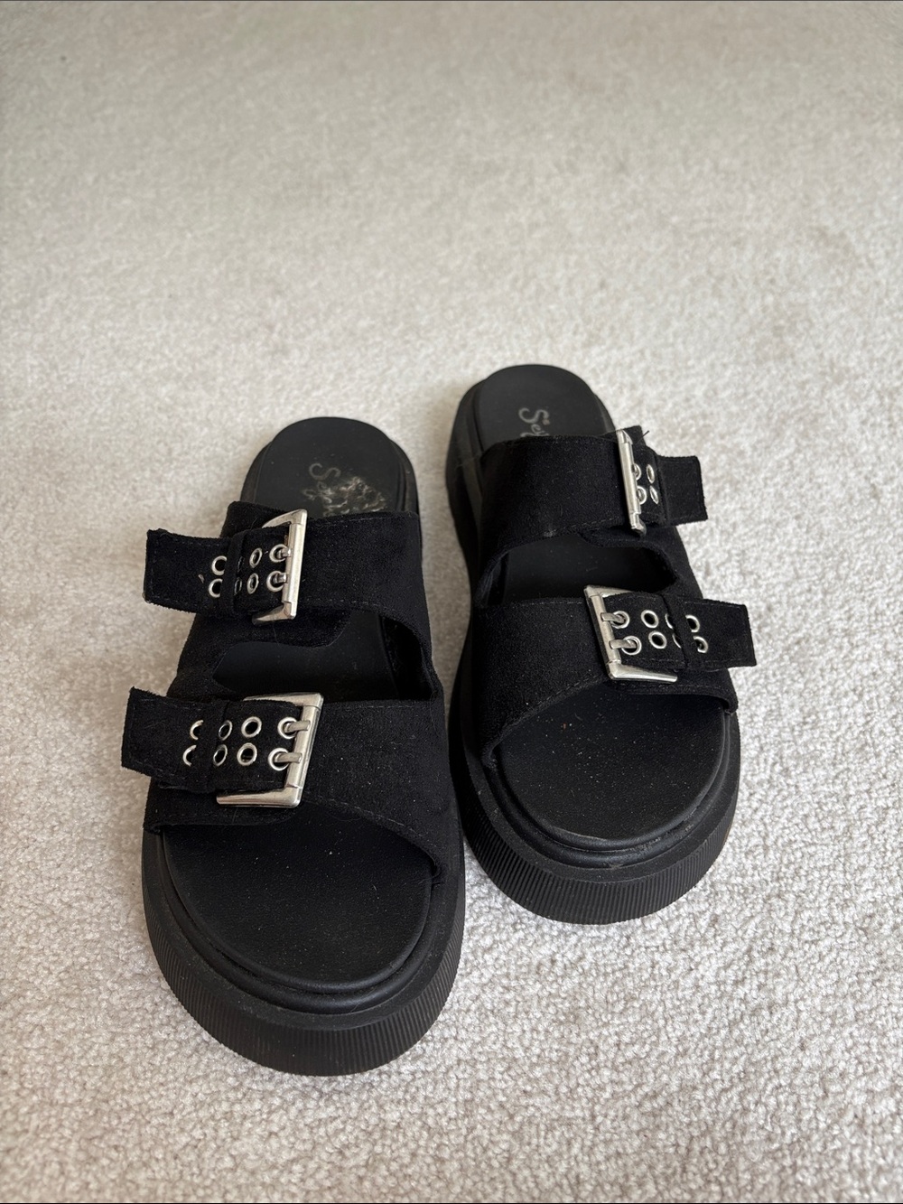 Seychelles Black Double-Buckle Platform Slide Sandals